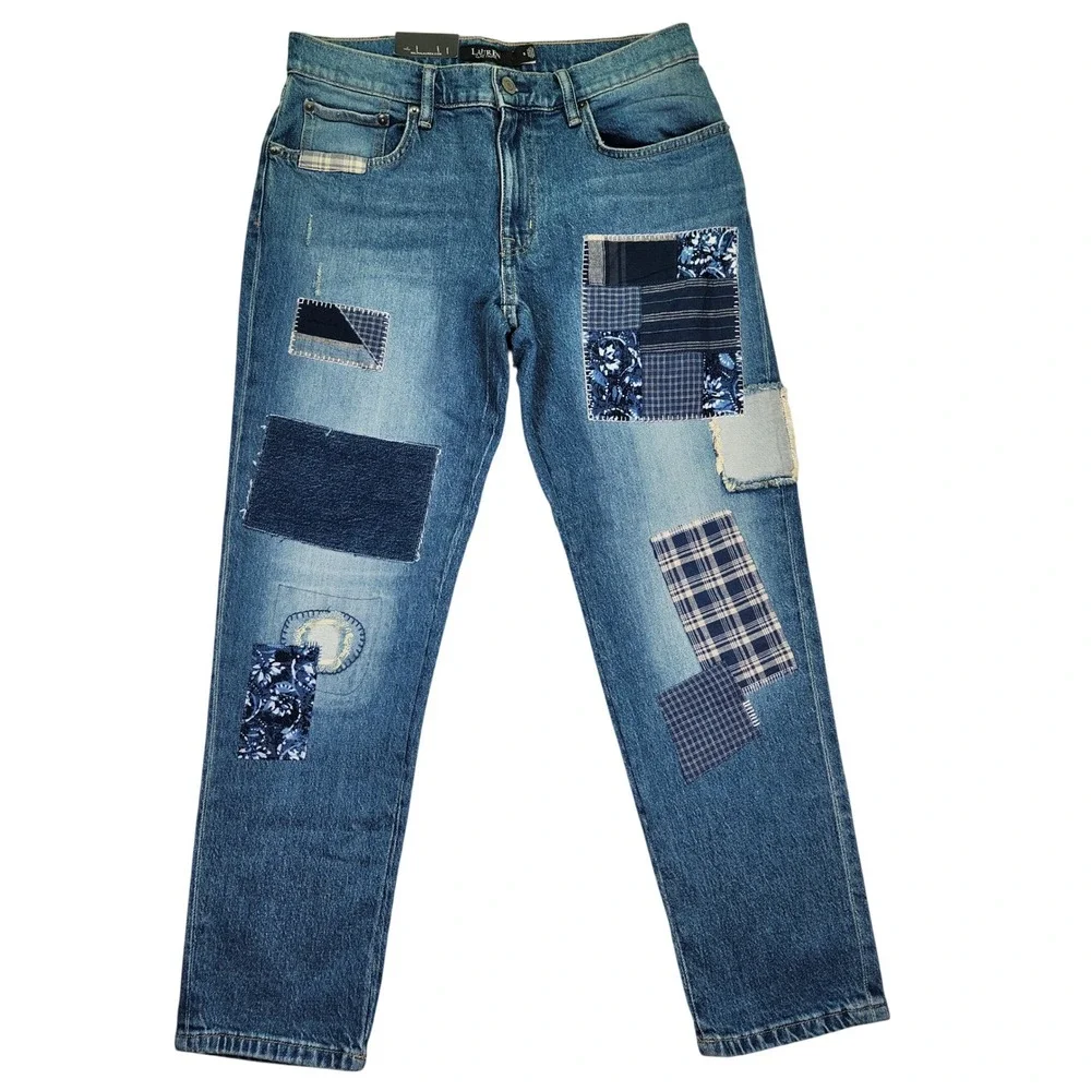 LAUREN Ralph Lauren Jeans Size 10 Patchwork Distressed Denim Straight‎ Leg Pants